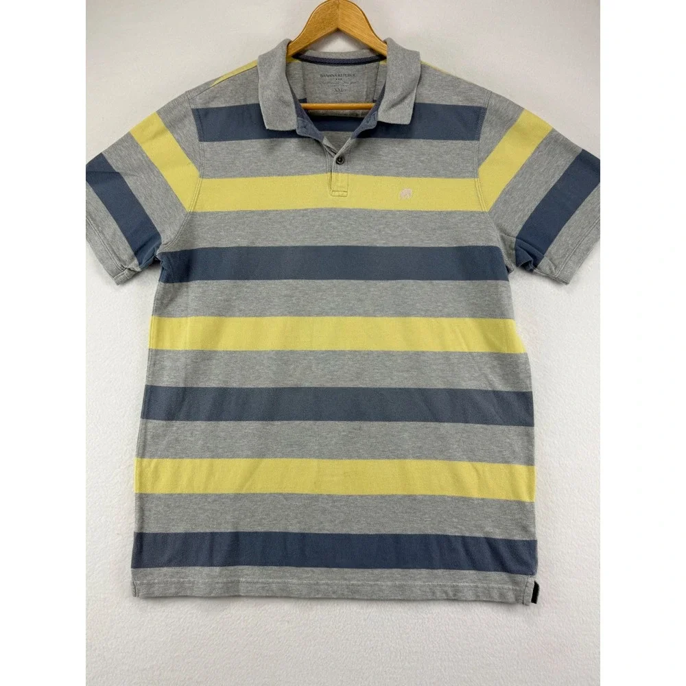 Banana Republic Polo Shirt Mens XXL‎ Grey Yellow Blue Striped Short Sleeve Pique